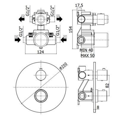 Термостат для душа Paffoni с переключателем на 2 выхода и встроенной частью черный матовый, LIQ018NO