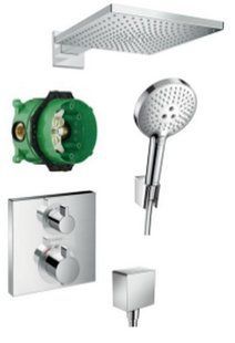 23815000 Комплект для душу Hansgrohe Thermostat+Raindance - верхній і ручний душ, змішувач (зовнішня частина) і прихована частина (15714000+26238000+01800180+26455000+26721000), Хром